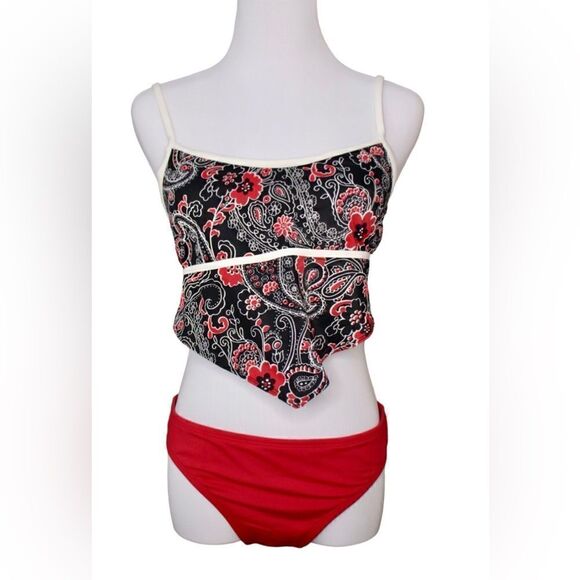BOGOF Black Paisley Bandana Scarf Red Juniors Bikini Bottom 2pc Swimsuit LARGE - Picture 1 of 11